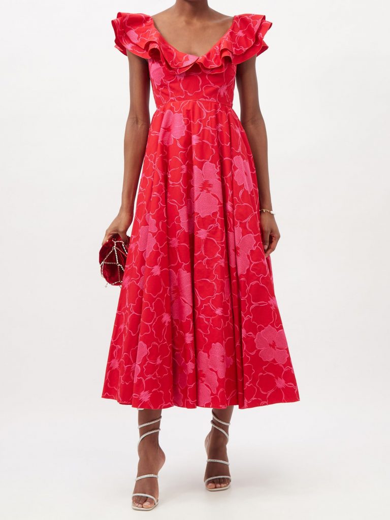Giambatista Valli Red flounce neck floral midi dress with nipped in waist and full skirt. 