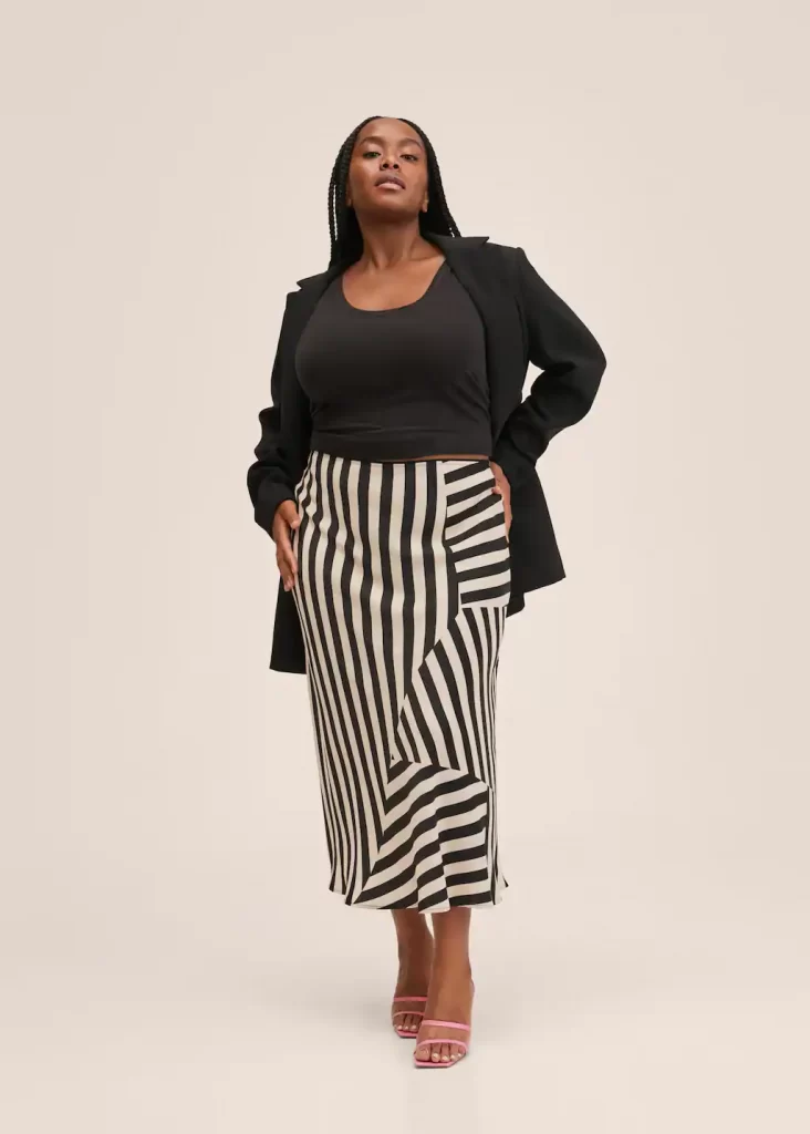 Mango spliced stripe skirt in black and white. Mid length, satin with elasticated waist. 