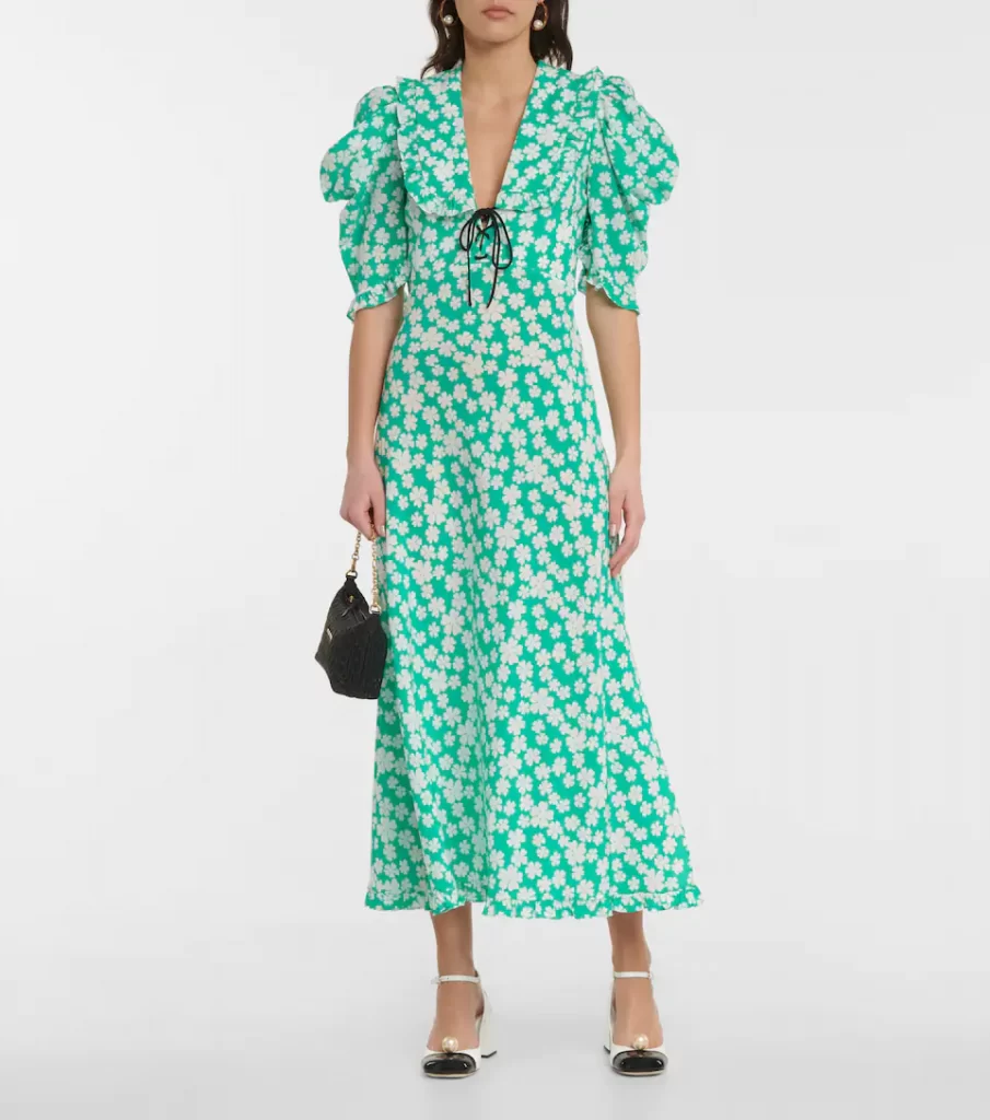 Green floral-printed midi dress from Miu Miu is Made from lightweight fabric, it has a Prairie collar with a bow detail and puff sleeves.