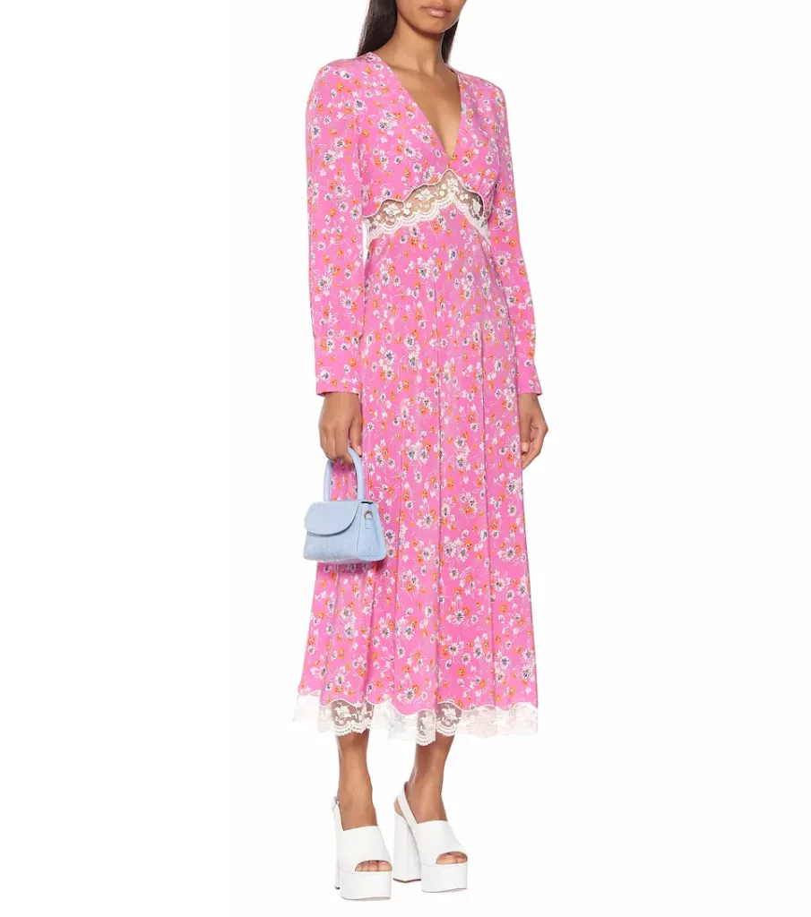 Miu Miu pink floral-print midi dress Crafted in Italy from Marocain silk crêpe, the long-sleeved style has lace insets under the bust and at the hem.