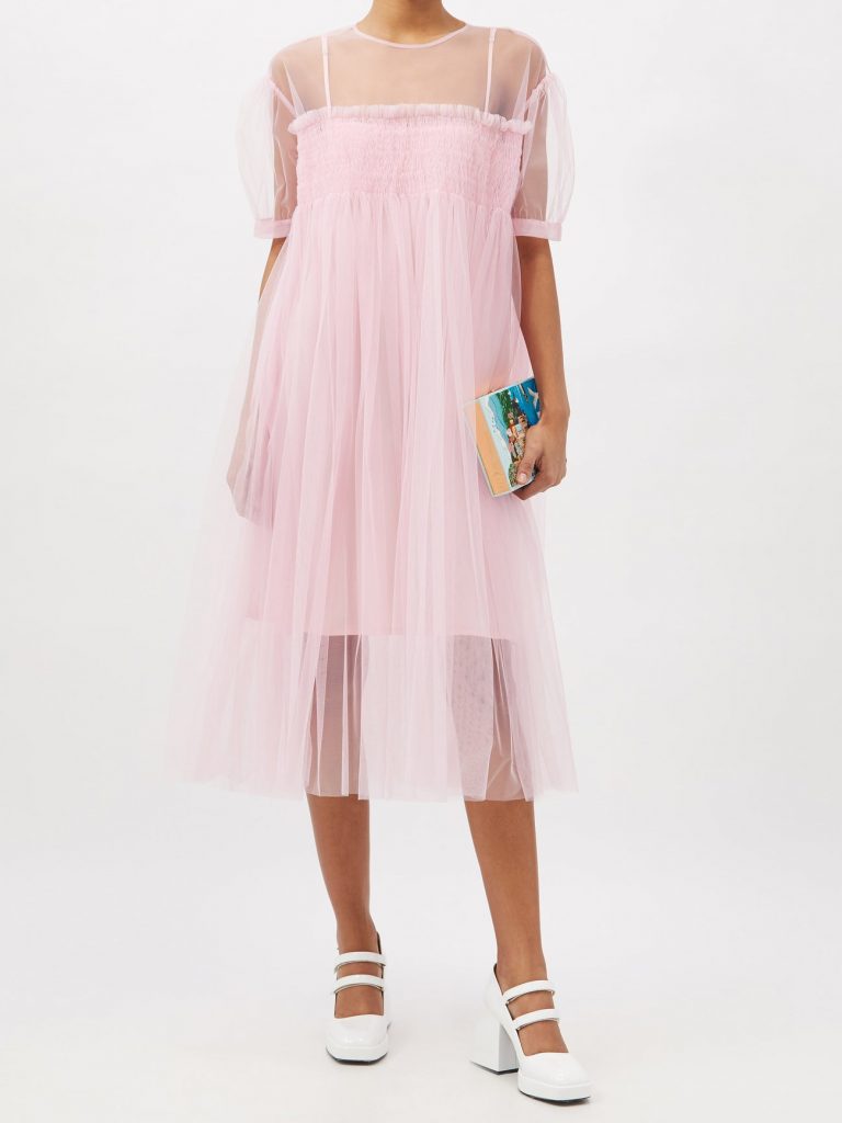 Molly Goddard baby pink sheer floaty Perran dress with hand-stitched smocking, delicate puff sleeves and matching underlining.