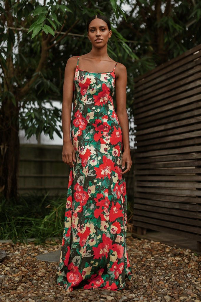 Long floral maxi dress with spaghetti straps and low scoop back. Black base with multicoloured floral print. 