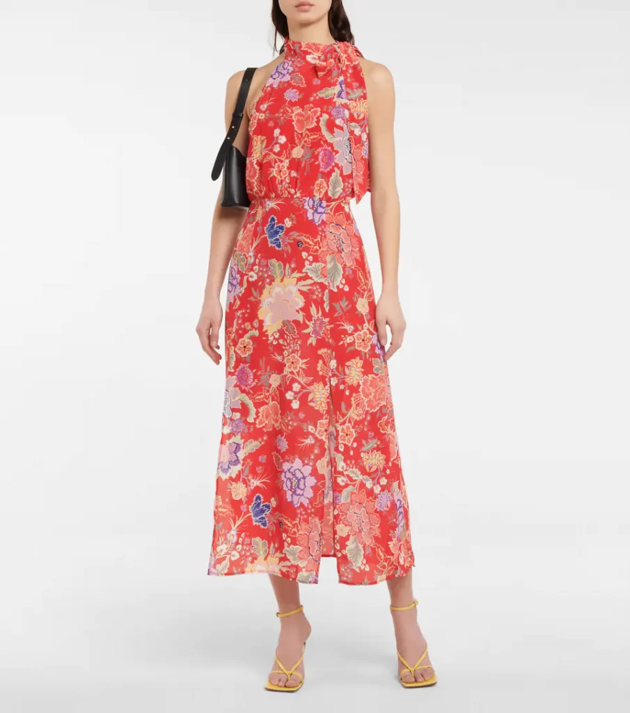 Rixo red midi dress with a vibrant floral print. Cut from silk, it’s shaped to a fit-and-flare silhouette, with front skirt slits and a halterneck self-tie detail.