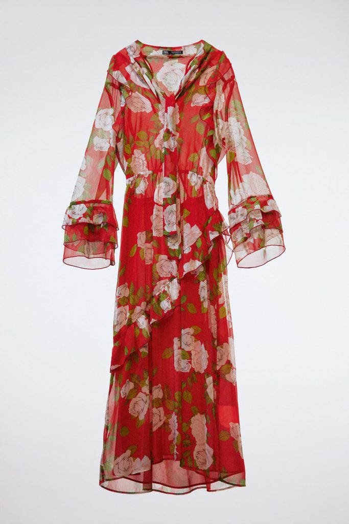 Zara Red floral print Dress featuring a high collar with tied detail, V-neck, long sleeves, elastic waist, ruffle trims and lining.