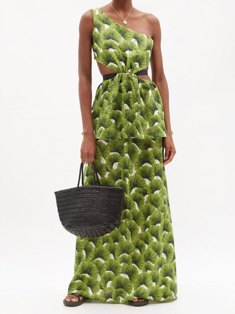 Agua by Agua Bendita craft this green palm print maxi dress with a streamlined one-shoulder neck, waistline cutout and a flared peplum detail flowing from the waist.