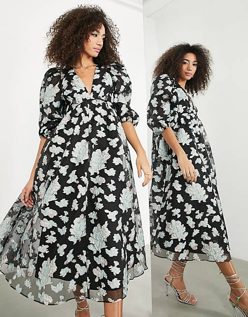 Asos Edition Jacquard organza black based floral print midi dress with pleated bust, voluminous skirt and sleeves. 