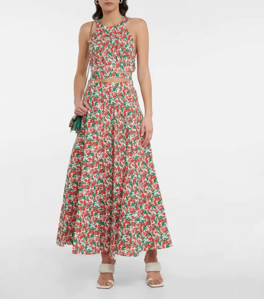 self-tie crop top and maxi skirt from Philosophy di Lorenzo Serafini cut from airy cotton that's been printed with artful florals.