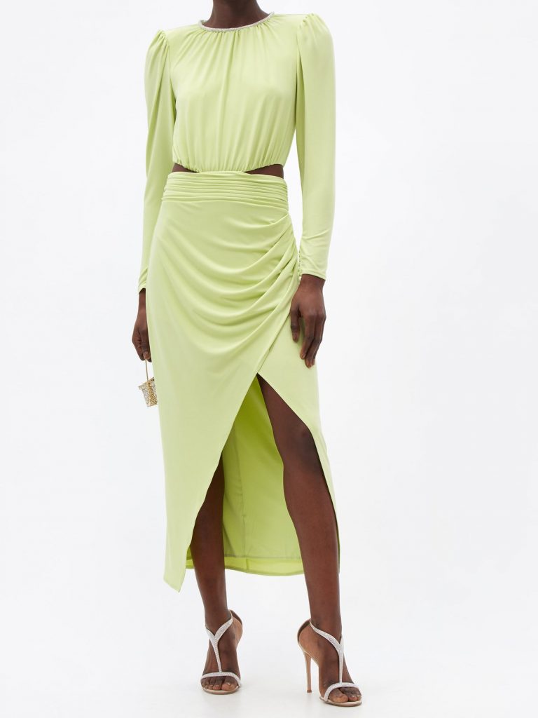 A glistening crystal-embellished neckline and gathered cutout waist heighten the opulent tone of Self Portrait's pastel green jersey draped midi dress.