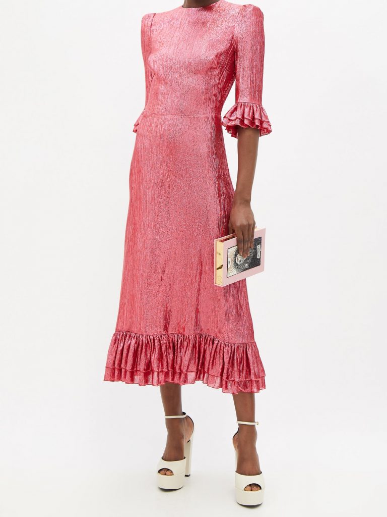 Pink silk-blend lamé Falconetti dress from The Vampires Wife has vintage sense of glamour with its ruffled hem and sleeves. Round neck and midi length with a nipped waist that skims the body. 