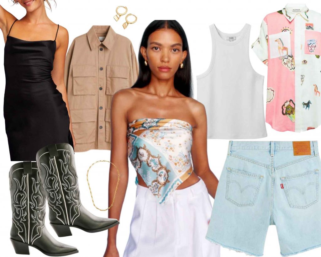 Image depicting a Coachella inspired festival look, including a black mini slip dress, utility jacket, scarf top, white tank, printed relaxed shirt, levis 90s denim shorts, and reformation western cowboy boots. 