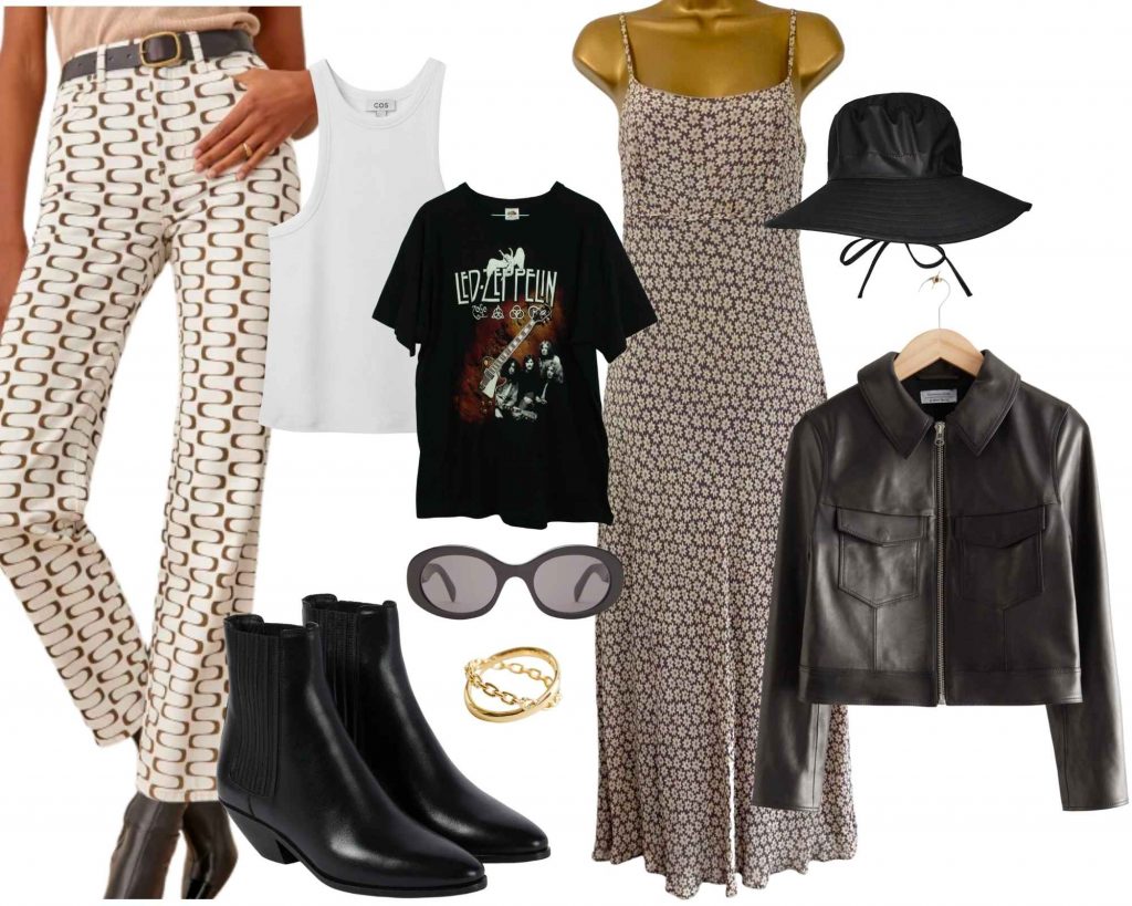 Image depicting rock and roll festival look, including printed jeans, rock t-shirt, white vest, printed dress, rain hat, leather jacket, Celine Triomphe sunglasses and saint Laurent ankle boots. 