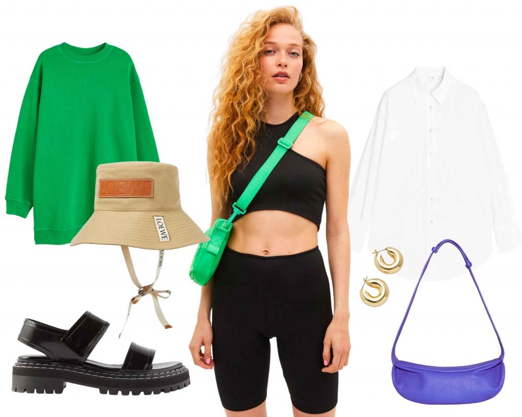 Image depicting get up and go active festival look, including green sweatshirt, all in one cut out bodysuit, oversized white shirt, hoop earrings, blue cos crossbody bag, Proenza Schouler patent track sole sandals, Loewe bucket hat. 