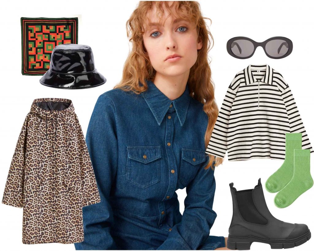 image depicting an "i'm with the band" 60s inspired Alexa Chung style festival look, including vintage printed silk scarf, patent bucket hat, denim mini dress, Celine Triomphe sun glasses, Breton sweatshirt, lurex green ankle socks, Ganni rubber Chelsea boots, leopard print raincoat. 