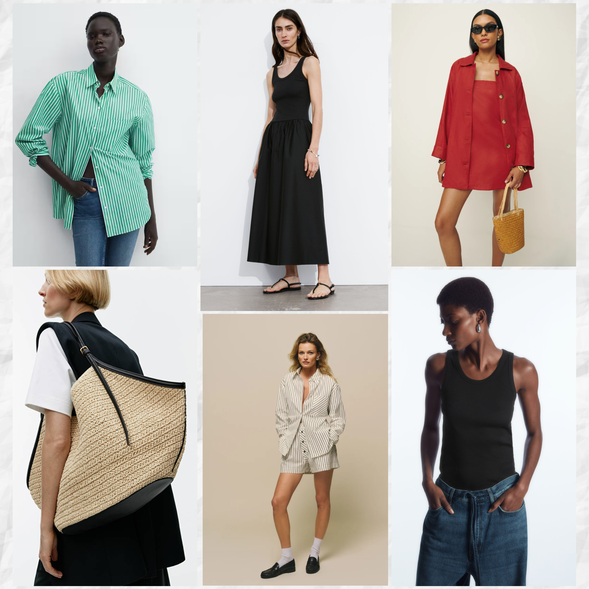summer 2024 outfits, image depicting 8 key pieces you need in your summer wardrobe. Models wearing raffia bag, striped cotton shirt, black tank midi dress, red linen mini dress, black tank top, striped cotton boxer shorts