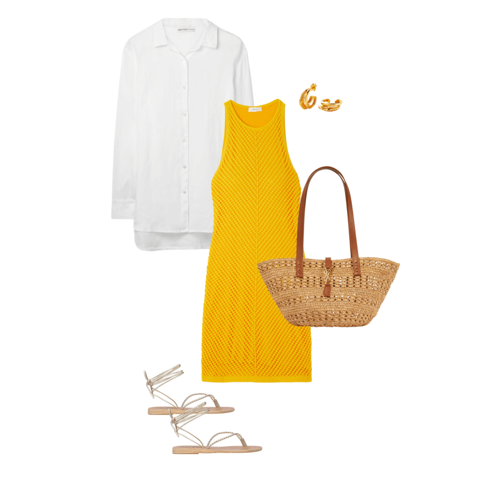 summer holiday outfit idea consisting of white shirt, short bright crochet dress, gold hoops, basket bag, and gold sandals. 