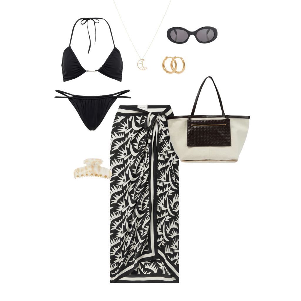 Chic cover up summer holiday outfit idea, consisting of black bikini, gold necklace, gold earrings, black sunglasses, black and white printed sarong, canvas tote with leather trim and pearlescent hairclip. 