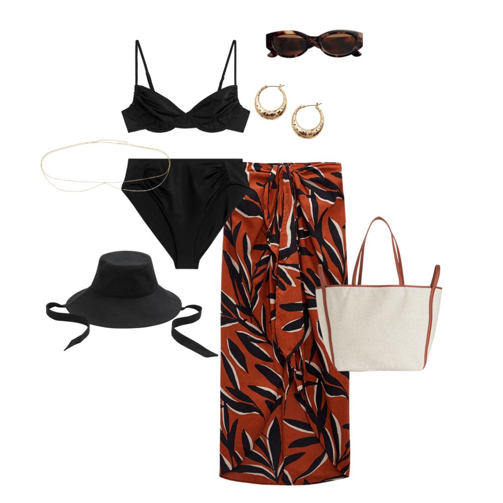 Chic cover up summer holiday outfit idea, consisting of black bikini, gold belly chain, gold earrings, tortoiseshell sunglasses, brown, black, and white printed sarong, canvas tote with leather trim and black sunhat. 