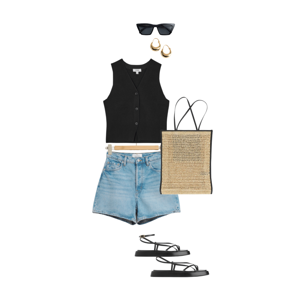 outfit idea consisting of black sunglasses, black linen waistcoat,, gold hoop earrings, denim shorts, raffia tote bag and black sandals. 