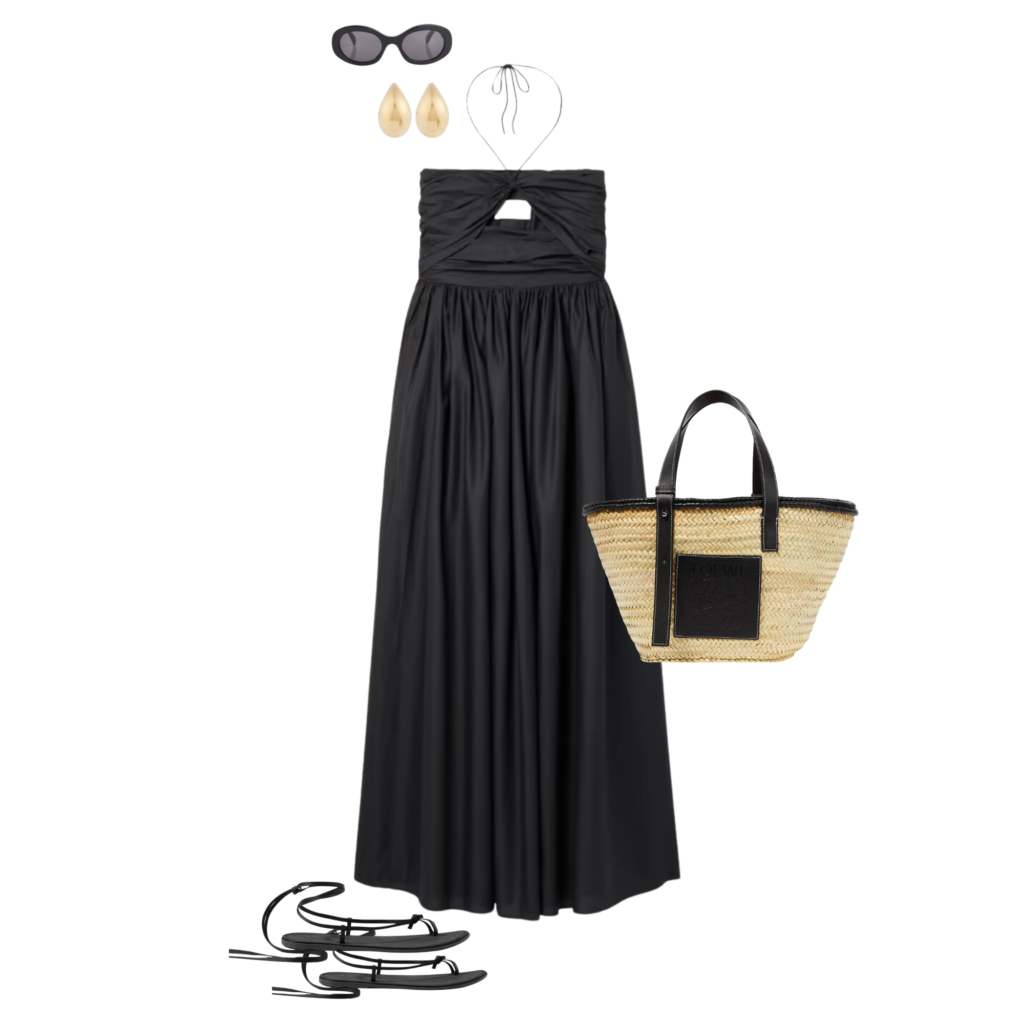 Effortless maxi dress summer holiday outfit, consisting of black sunglasses, gold droplet earrings, black cotton maxi dress, raffia basket bag and black leather sandals with ties. 