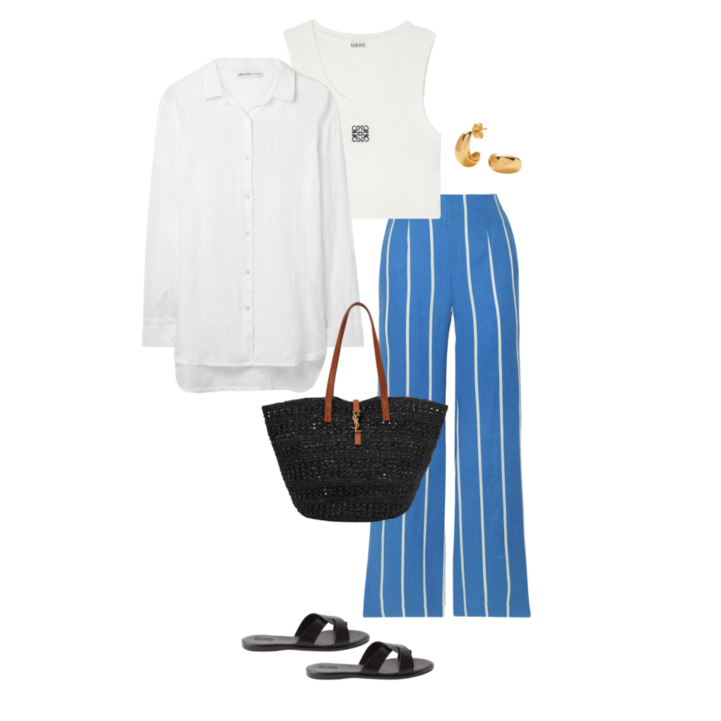 summer outfit consisting of white shirt, white tank, gold hoops, basket bag, striped linen trousers and black sandals. 