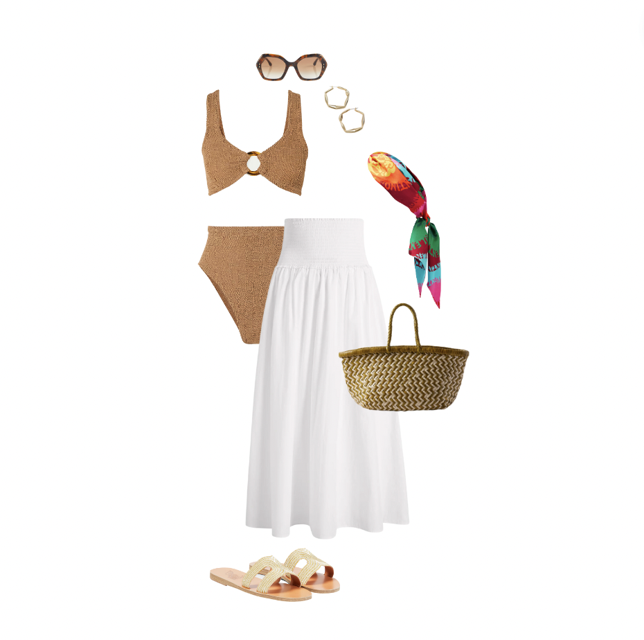 summer holiday outfit consisting of sunglasses, swimsuit, white skirt, gold hoops, basket bag and gold summer sandals. 