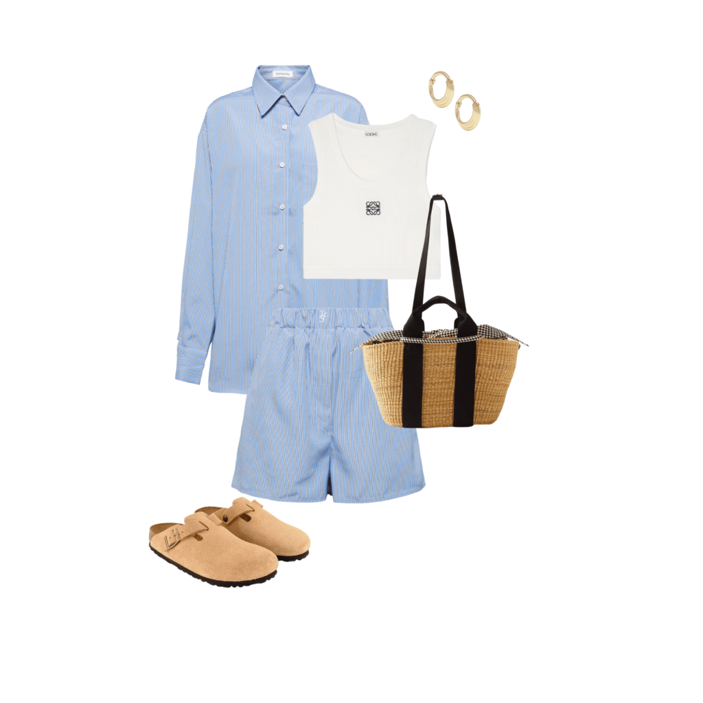summer outfit consisting of Striped cotton shirt, white cropped tank, gold hoops, basket bag, striped cotton shorts and Birkenstock boston clogs. 