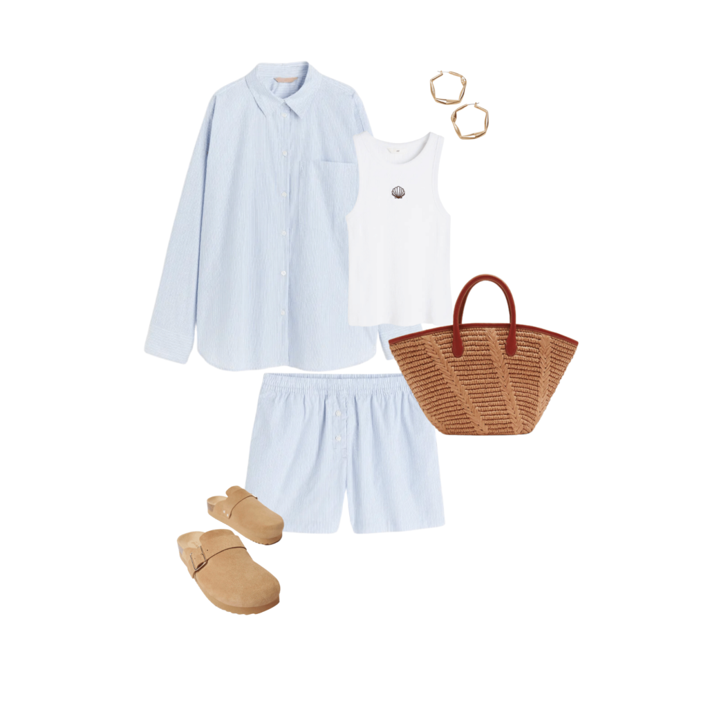 summer outfit consisting of Striped cotton shirt, white cropped tank, gold hoops, basket bag, striped cotton shorts and boston clogs style shoes. 