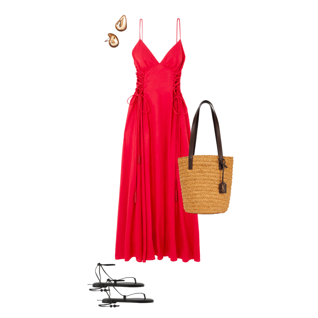 Image depicting how to wear red in 2023. Gold earrings, red linen dress, basket bag and black sandals. 