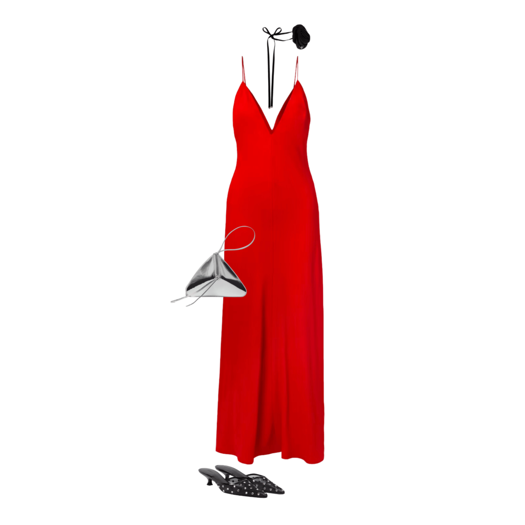 Image depicting how to wear red in 2023. Red maxi dress, silver bag, black rosette choker, black mesh heels with crystal detail. 