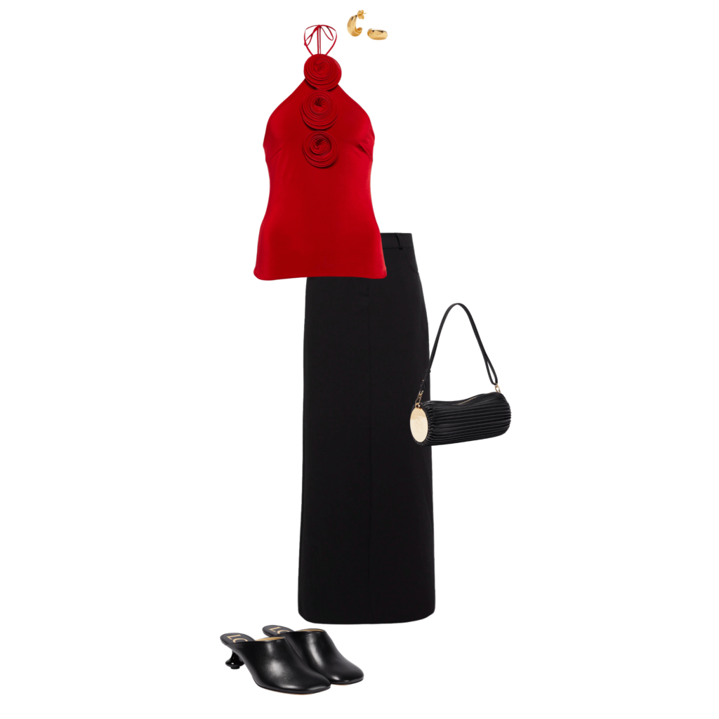 Image depicting how to wear red in 2023. Red going out top, black maxi skirt, gold earrings, black and gold bag, black heels. 