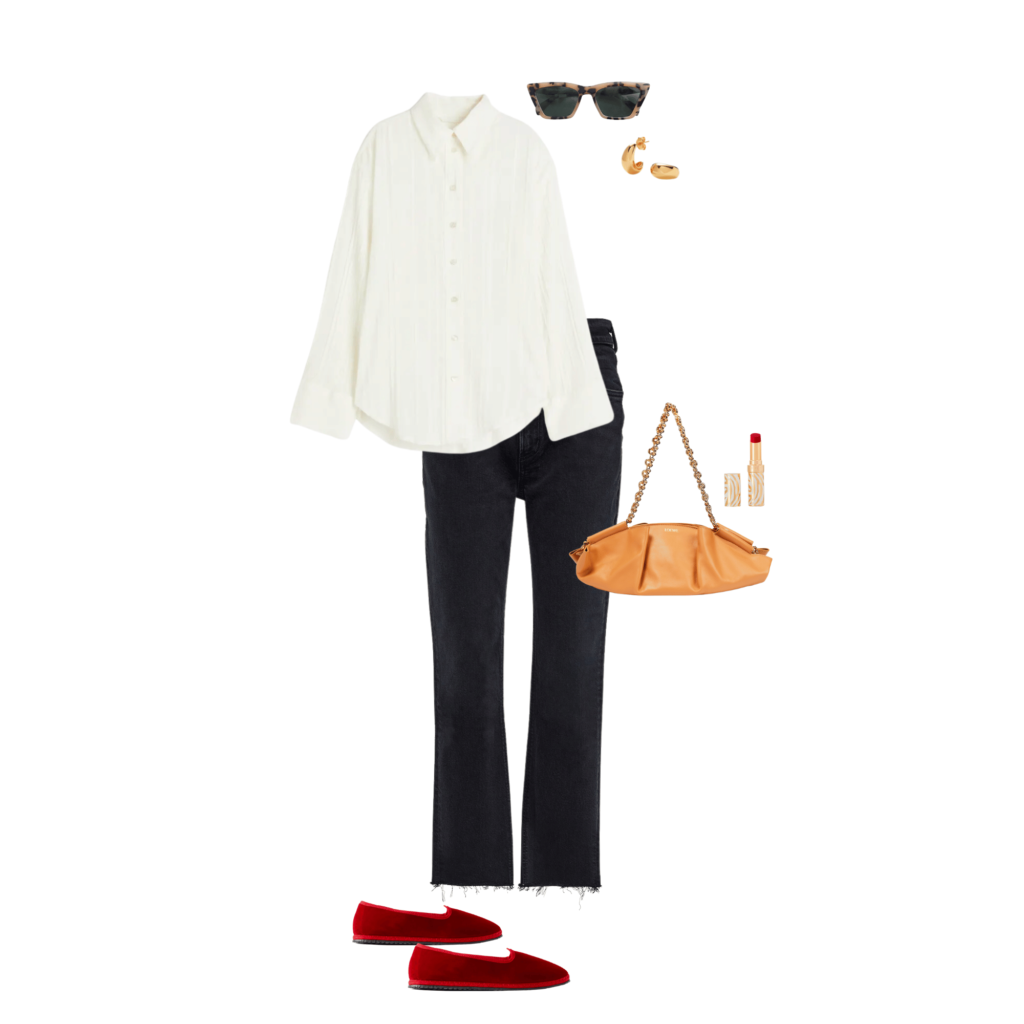 white shirt, grey jeans, red velvet ballet flats, tortoiseshell sunglasses, gold hoops, tan bag with gold chain and red lipstick. 