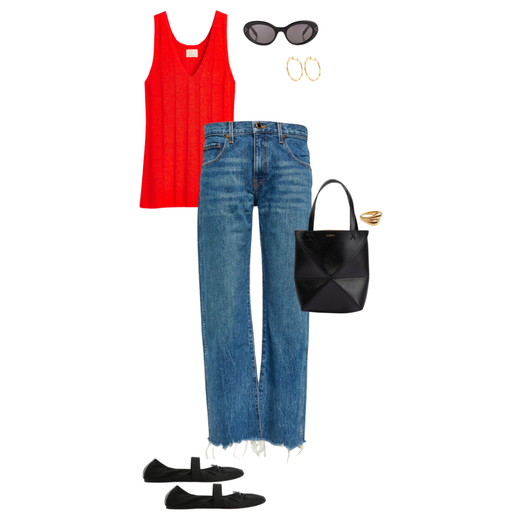Image depicting how to wear red in 2023. Red top, black sunglasses, gold hoop earrings, blue jeans, black bag, gold ring and black ballet flats. 