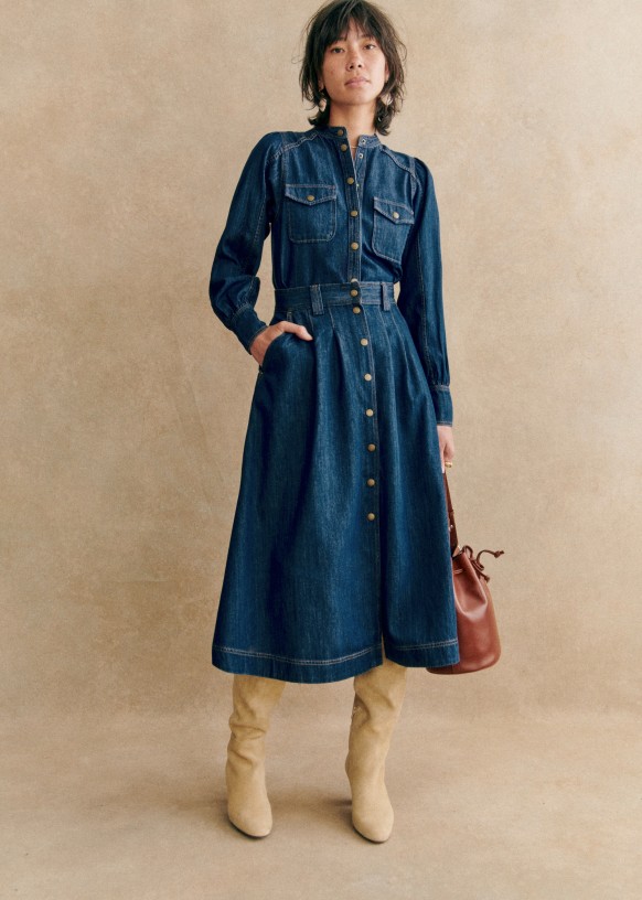 Sezane full denim midi skirt with buttons up the front. 