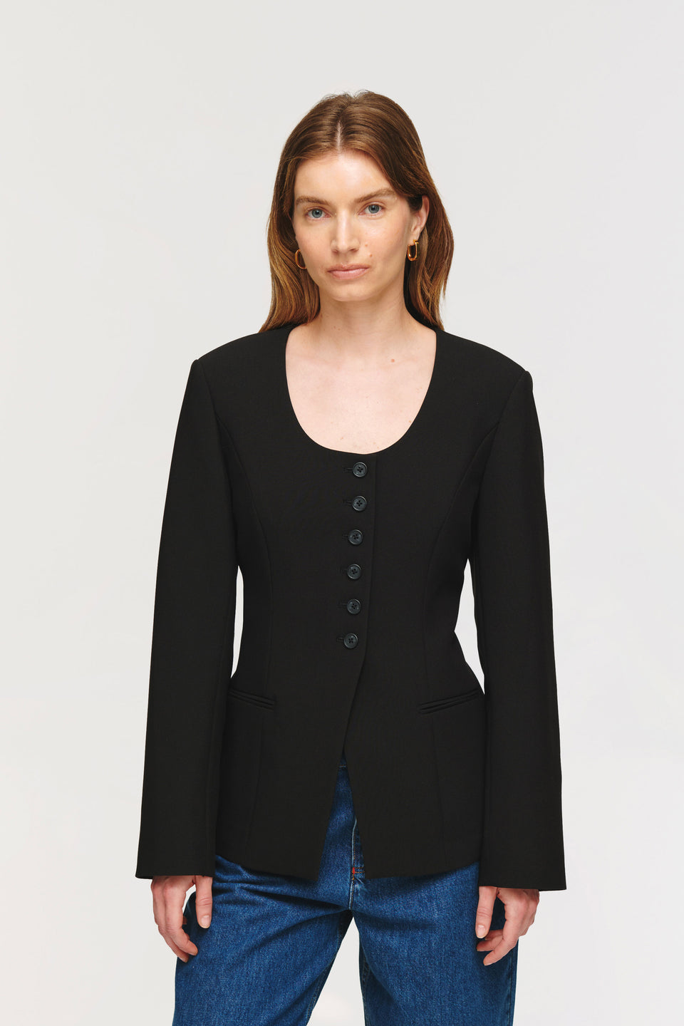 Aligne black daphne blazer but with a new scoop neckline