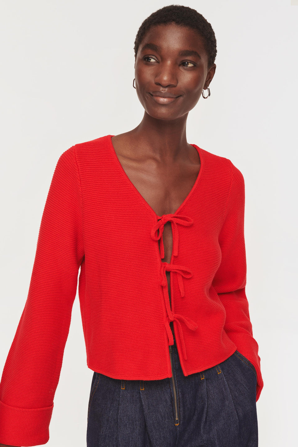 Red Aligne Tie Knit Cardigan in Red 