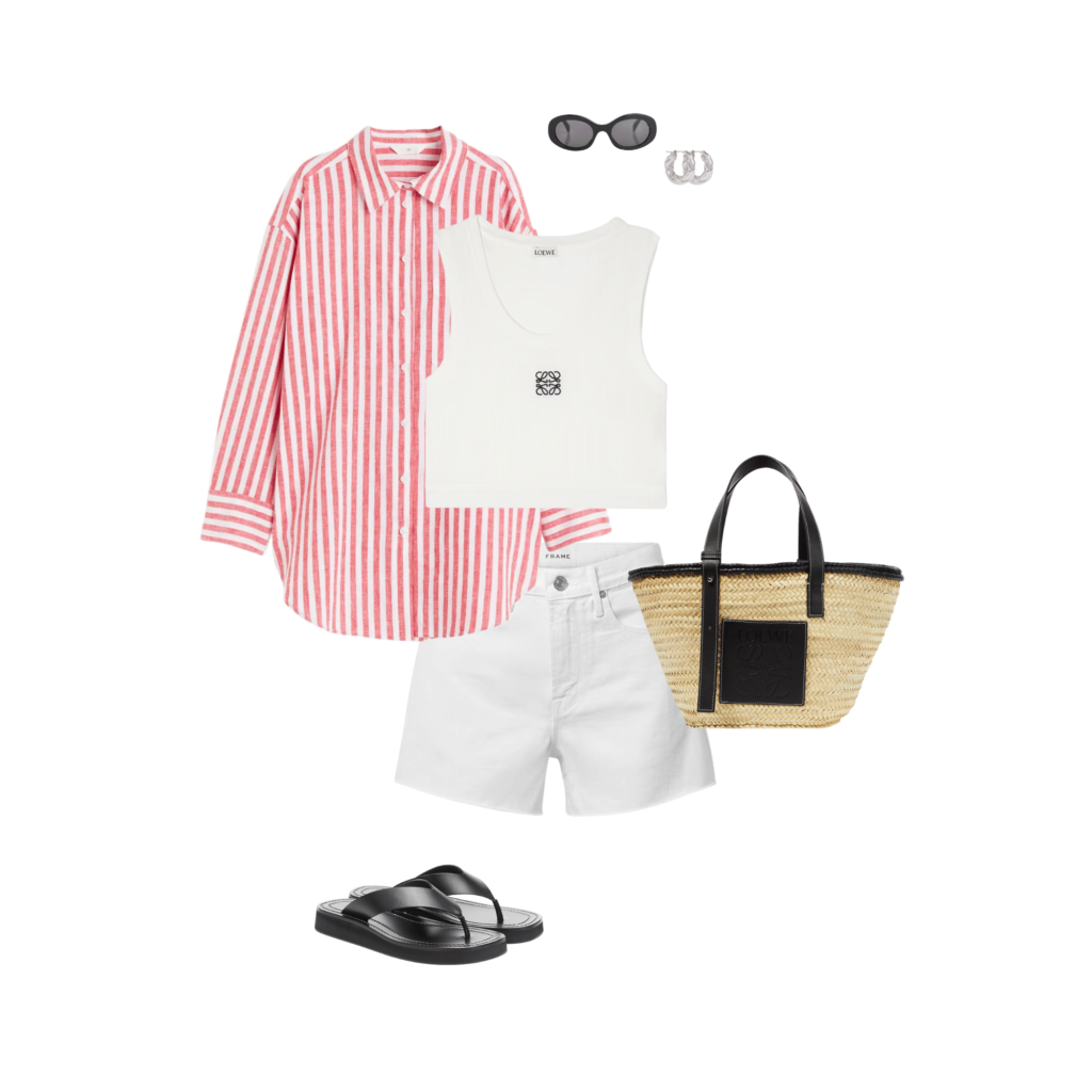 Image depicting how to wear red in 2023. Red striped linen shirt, white Loewe tank top, black sunglasses, silver hoops, white denim shorts, basket bag and black sandals. 