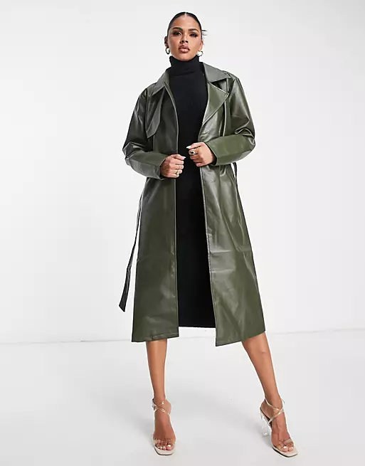 Aria Cove Vegan leather trench coat in khaki with self-tie belt and relaxed fit. 