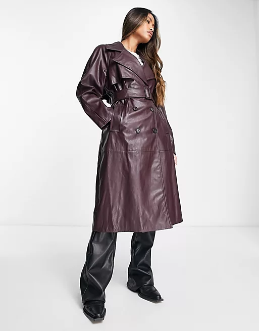Bershka faux leather trench coat in burgundy. 
