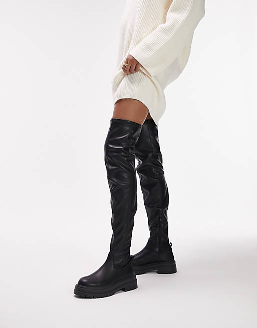 Topshop Kate chunky over the knee boot in black.  Pull-on style, with Zip-side fastening, Round toe, Chunky sole & Lugged tread. 