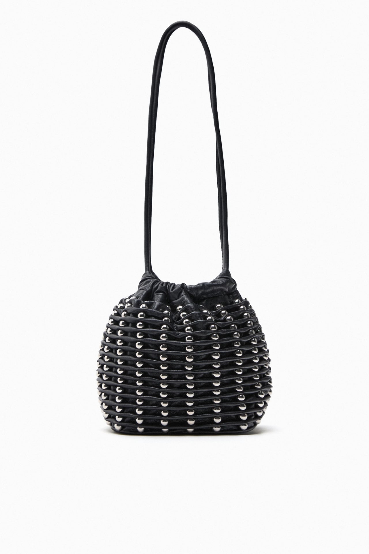 Trending Handbags for Autumn Winter 2023 - Zara black studded Bucket bag with Long crossbody strap and Gathered drawstring closure.