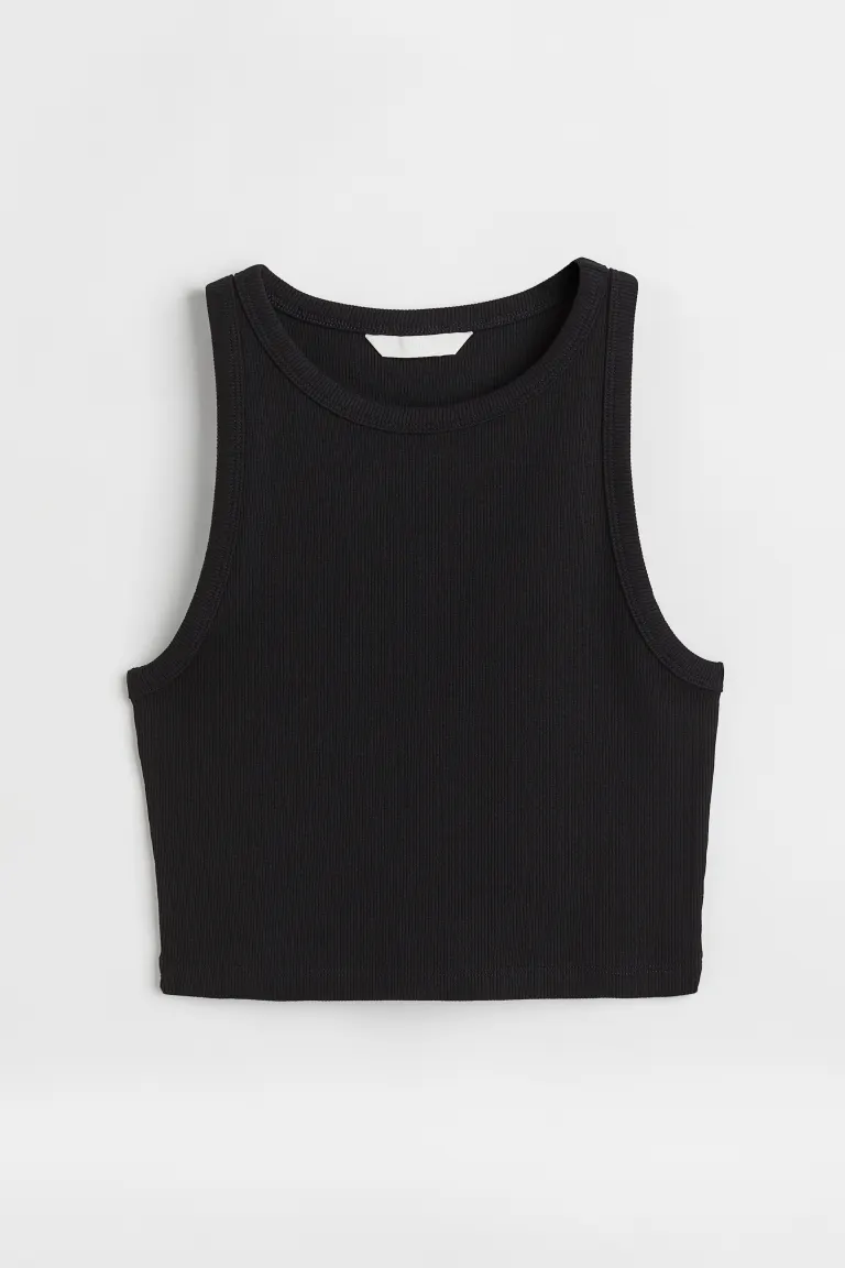 H&M black Cropped, fitted vest top in ribbed cotton jersey with a narrow trim around the neckline and armholes.

