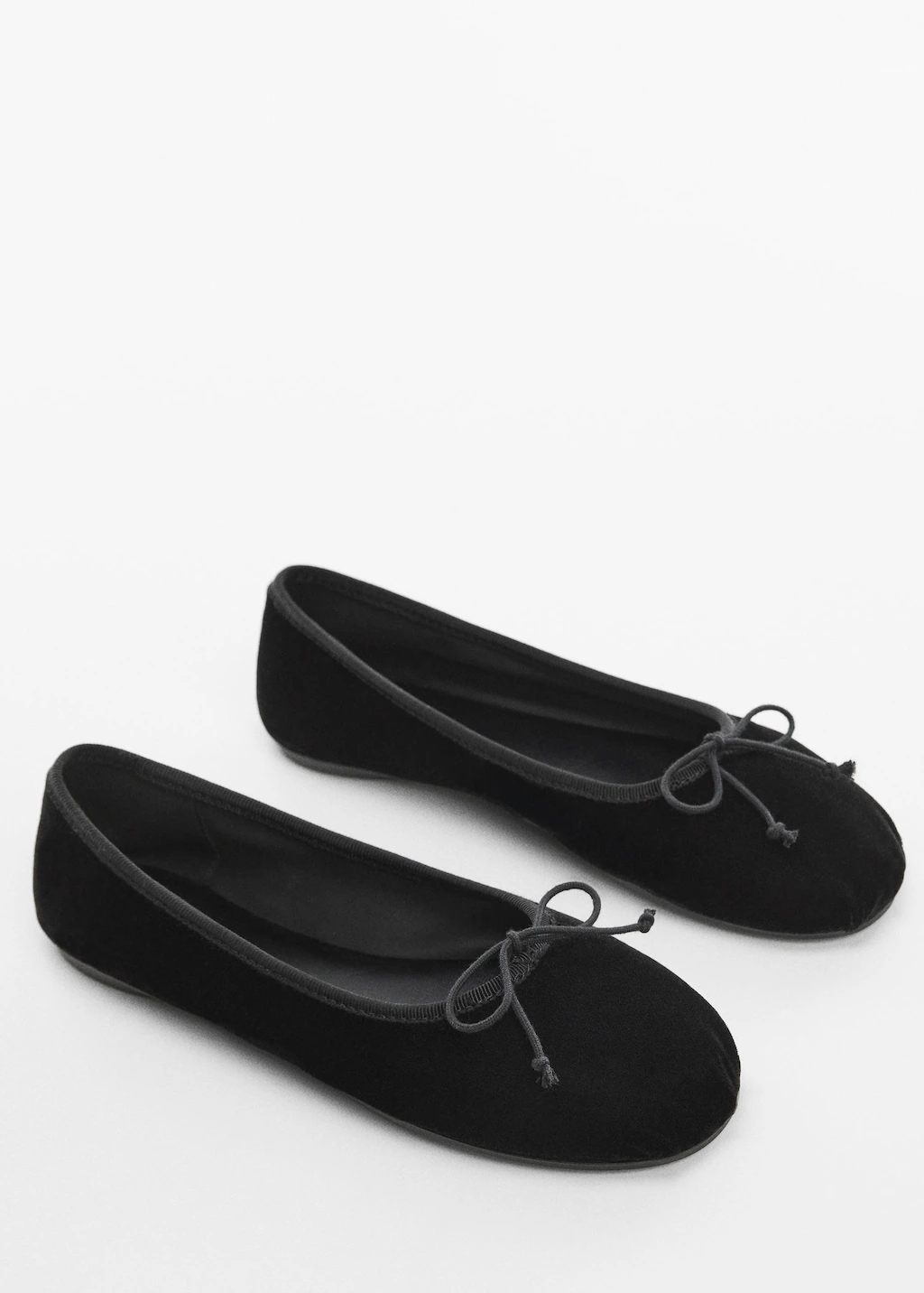 Mango velvet ballerina shoes in black with round toe and bow on the front. 