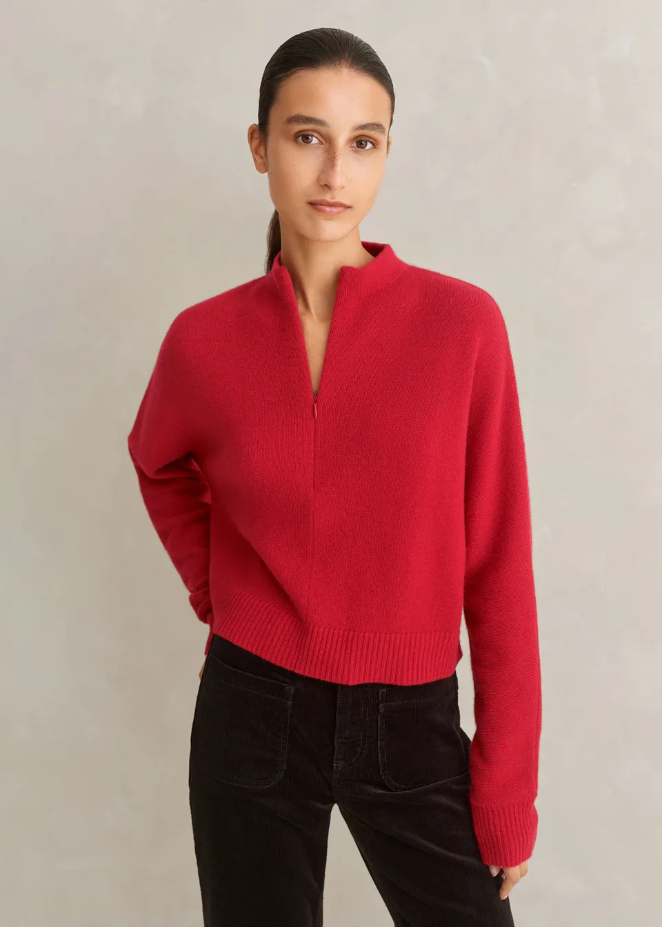 Me + Em red ultra soft lofty cashmere cropped jumper with zip neck. 