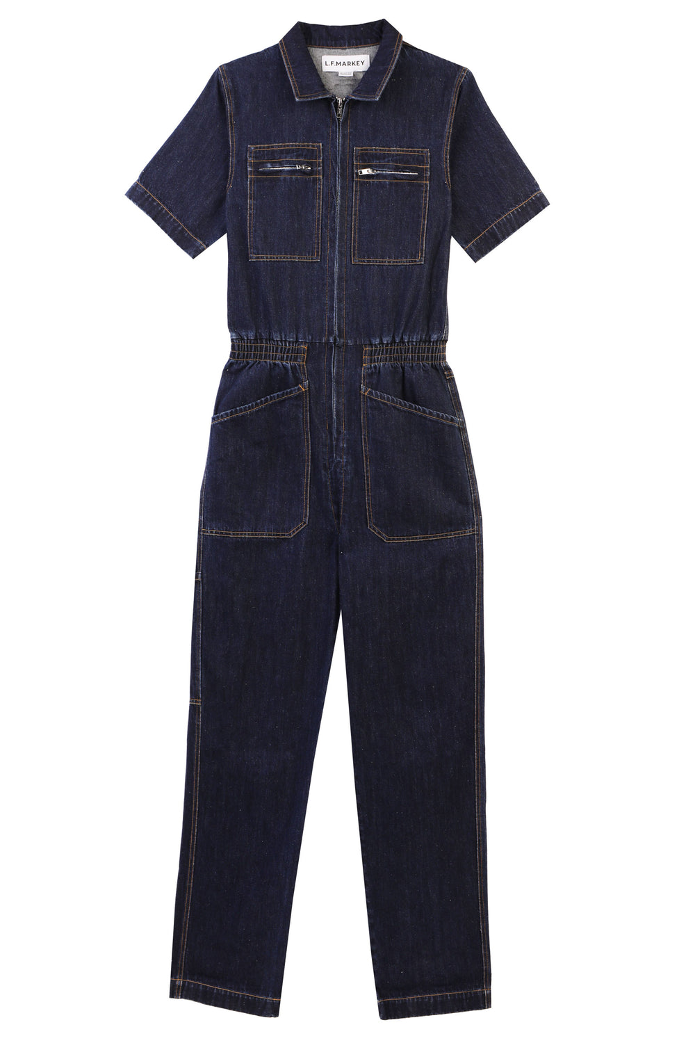 LF Markey indigo denim boiler suit with zip fastening and short sleeves. Side patch pockets and zip chest pockets. 