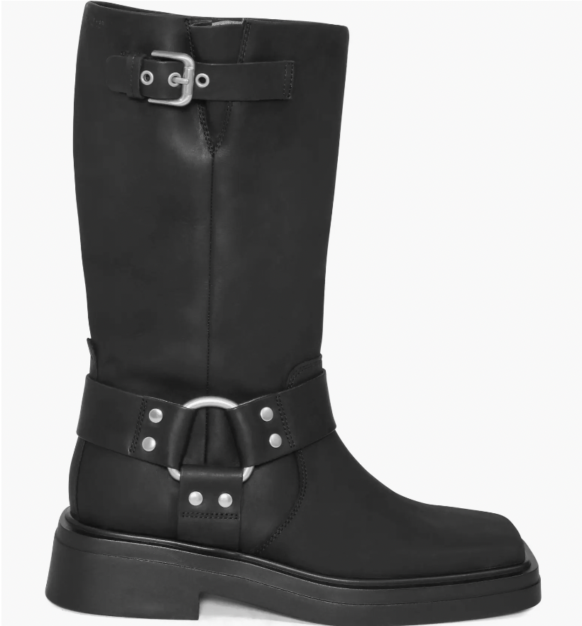 Vagabond the shoemakers Eyra moto boot in black. Maximize the moto appeal of your look with this harness-strap boot featuring a square toe and sturdy block heel.