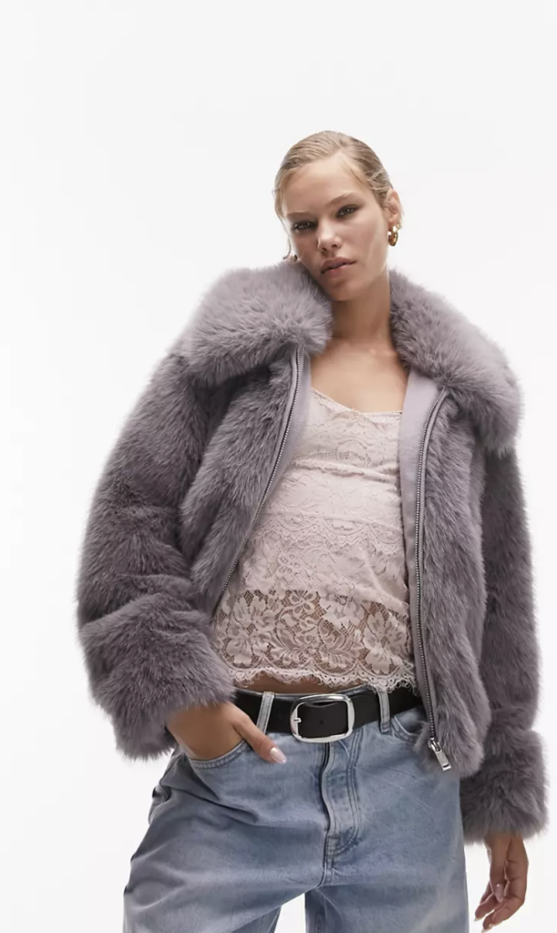 Trending Winter Coats 2023 2024 - Topshop mauve cropped faux fur coat with zip fastening. 