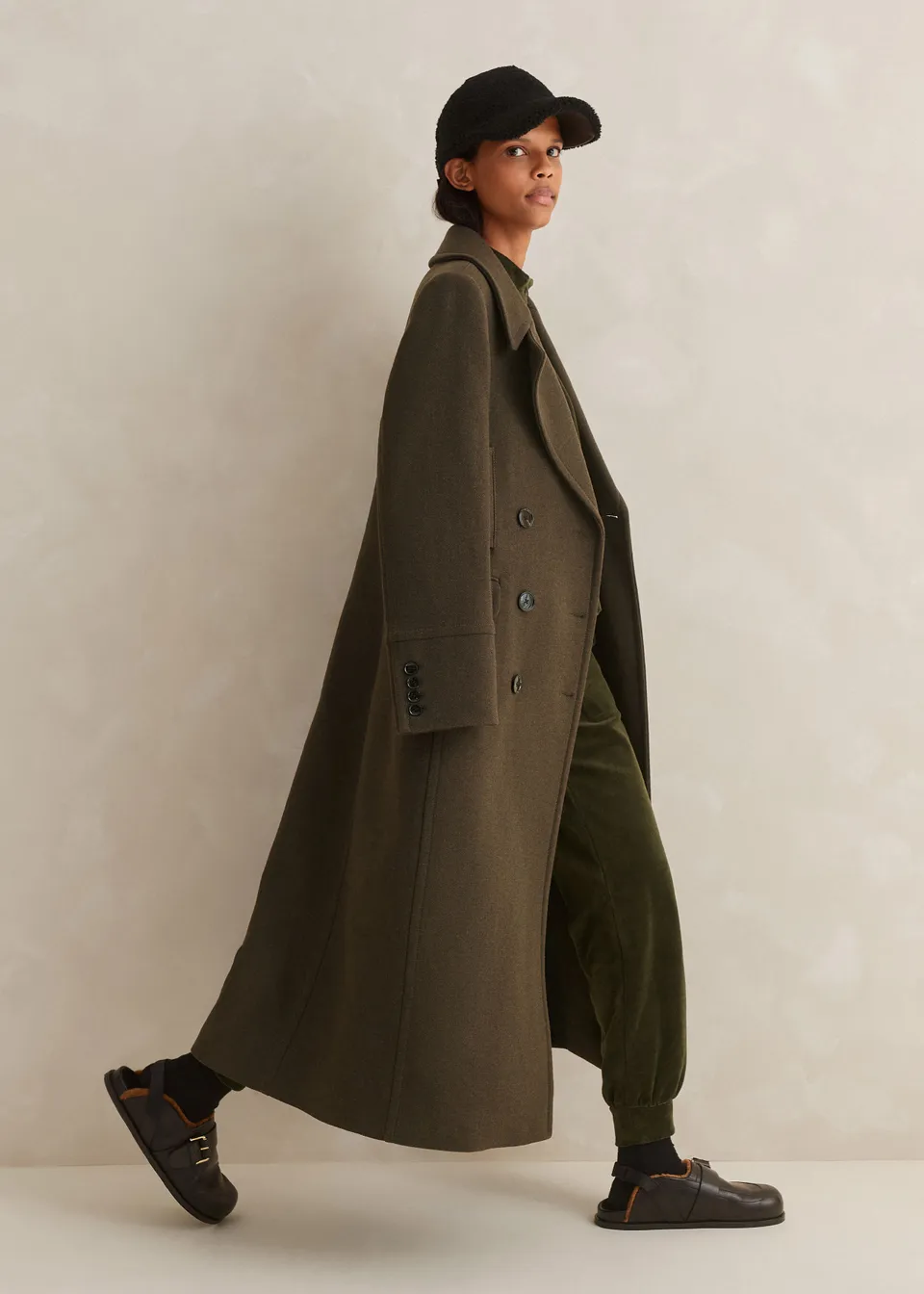 Trending Winter Coats 2023 2024 - Me + Em khaki longline silhouette coat in soft Italian wool-blend fabric cement this coat in your AW wardrobe, playing as integral a role in your workwear rotation as your weekend one.