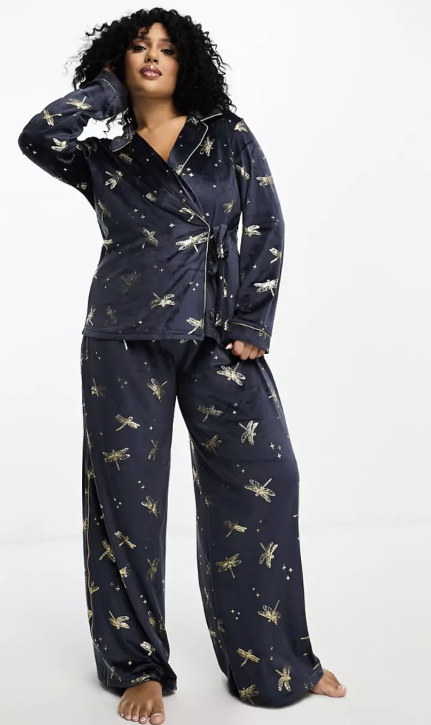 Chelsea Peers Curve velour tie up top and trouser pyjama set in navy print