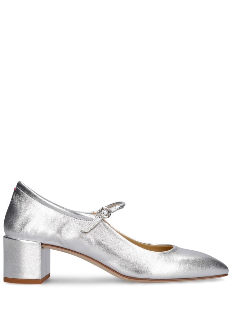 Aeyde silver mary jane pumps with block heel and buckle fastening. 
