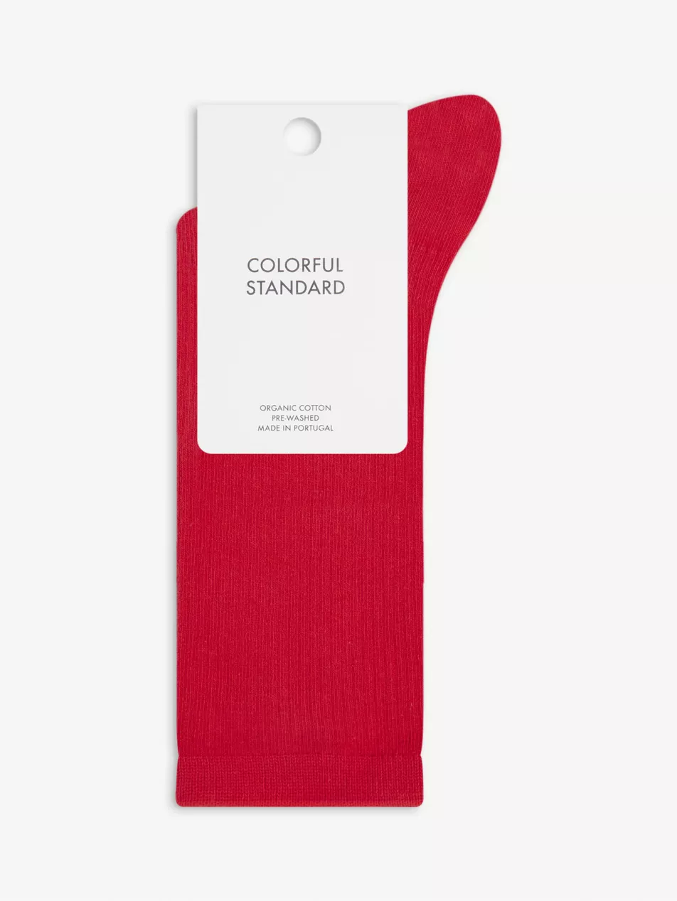 Colorful Standard Red cotton socks
80% organic cotton, 18% polyamide, 2% elastane. Pulls on. Single pair, ribbed design, solid colour,